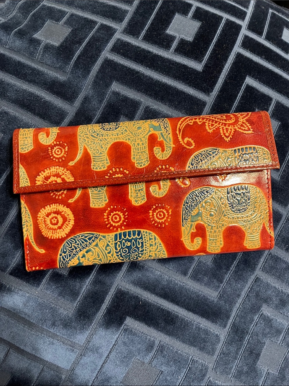 Orange Elephant Print Leather Clutch Wallet